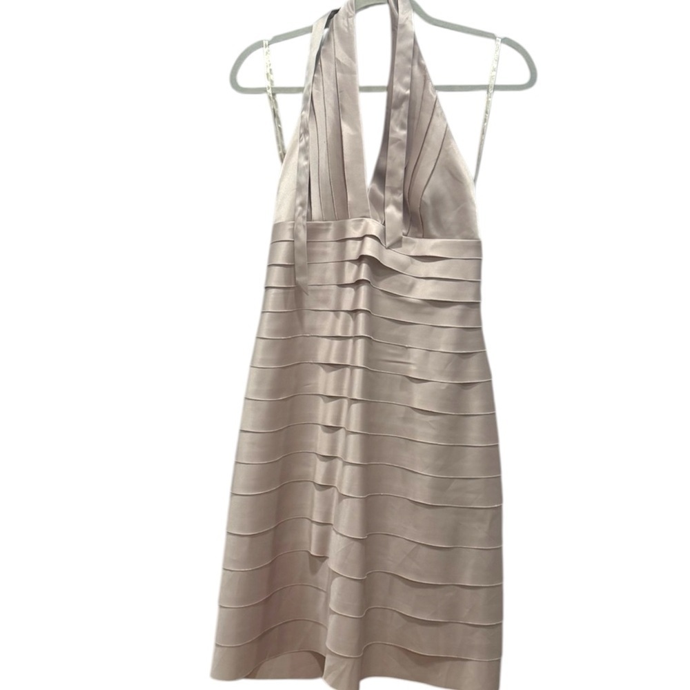 Eliza J Taupe Halter Pleated Satin Cocktail Dress